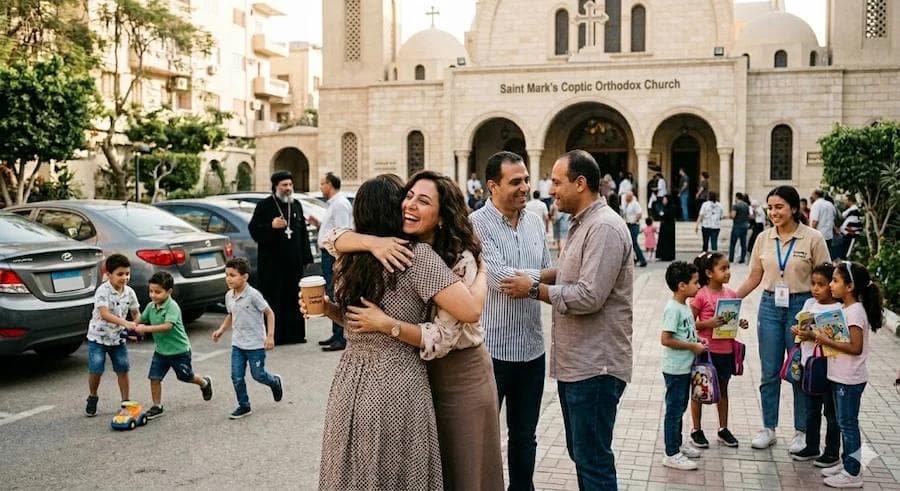 Two Coptic families warmly greeting each other with hugs outside a Coptic Orthodox Church after Sunday liturgy, while children play nearby and a Sunday school servant gathers kids.