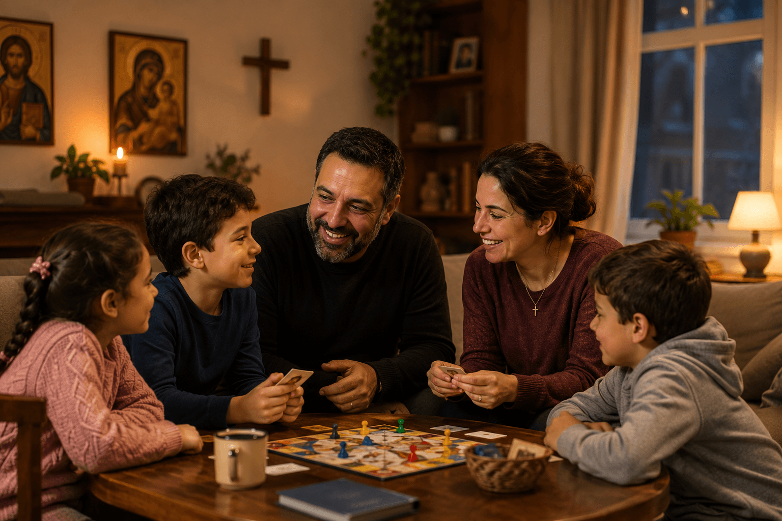 A Coptic family gathered together in a warm, cozy living room, playing a board game around a table in a joyful and connected atmosphere. Religious icons and a cross hang on the wall, while soft lighting reflects a sense of family presence, togetherness, and life away from screens.