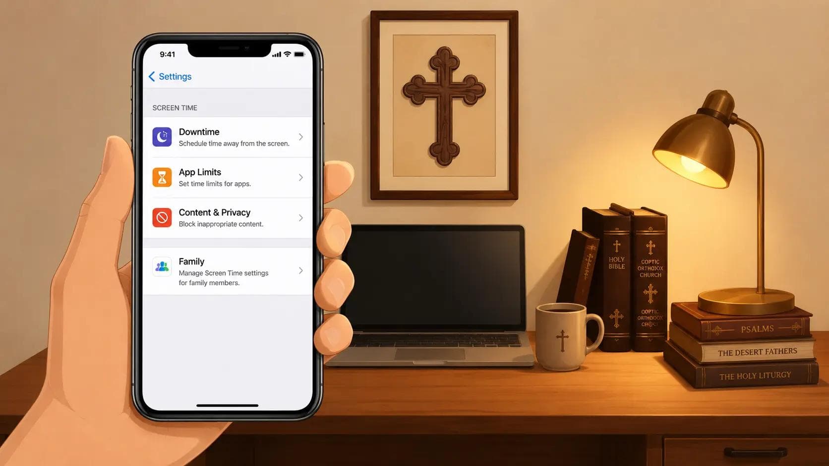 Illustration of a hand holding an iPhone displaying Apple Screen Time parental control settings, including Downtime, App Limits, and Content & Privacy options. The phone is positioned in front of a warm modern desk setup featuring a lamp, books, laptop, coffee mug, and a framed Coptic cross on the wall, blending modern technology with Coptic Christian family values.