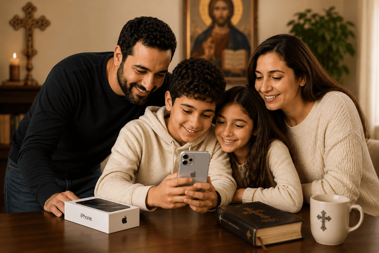 A happy family gathered together as a young boy opens his new iPhone while his excited sister watches beside him. Parents stand on both sides smiling proudly as the children sit in the center, creating a warm and joyful family moment filled with excitement and celebration.
