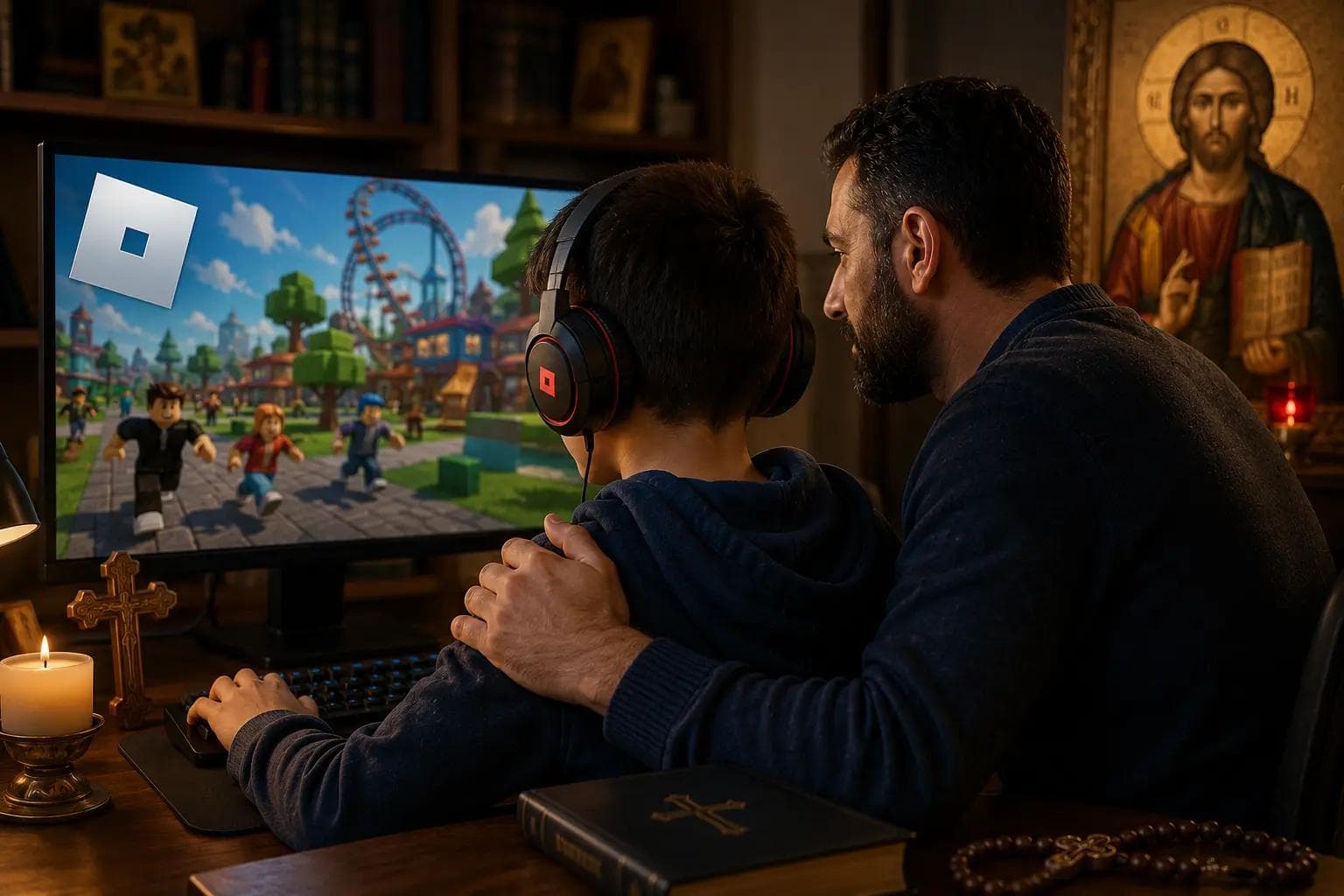 A young boy playing Roblox on a computer while his father sits beside him in a warm Coptic Orthodox home, with subtle Christian icons, candles, and prayer items in the background — symbolizing guided technology use, parental involvement, and faith-centered digital boundaries.
