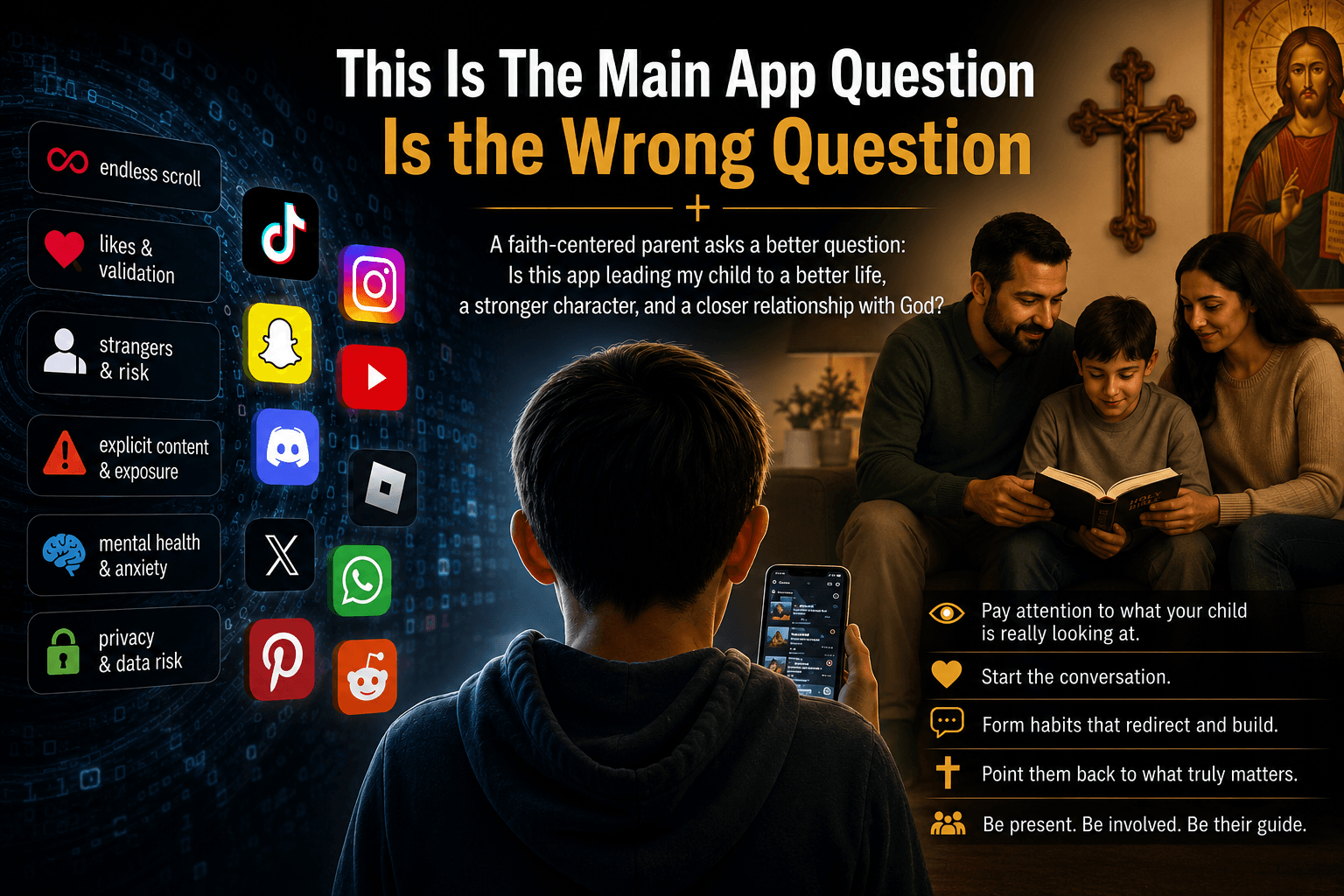 Illustrated split-scene showing a child facing a busy digital world of social media apps and online risks on one side, and a warm Coptic family home centered on faith and guidance on the other.
