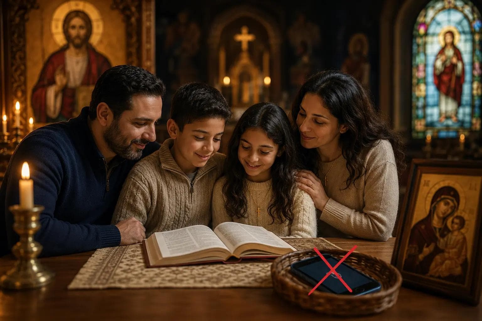 A warm Coptic Orthodox family sitting together in a softly lit church-like setting, reading from an open Bible beside candles and icons, while a smartphone sits untouched nearby — symbolizing intentional parenting, faith, presence, and protecting childhood from digital distraction.